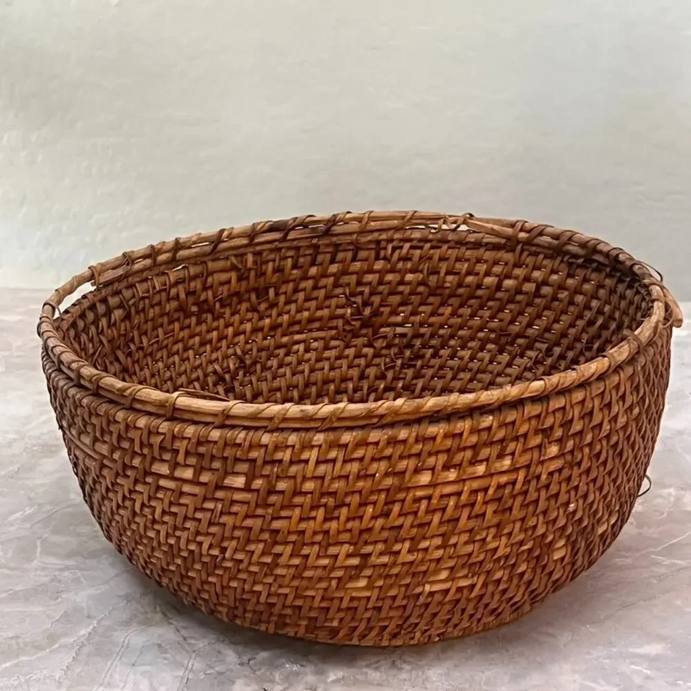 Natural Rattan Round Fruit Basket Weaved Aged Patina 10.5